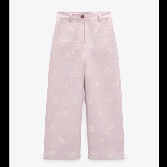 ZARA EMBROIDERED LINEN BLEND PANTS - Picture 8 of 11